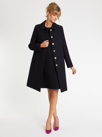 Manteau à col Claudine en laine jacquard - Marine