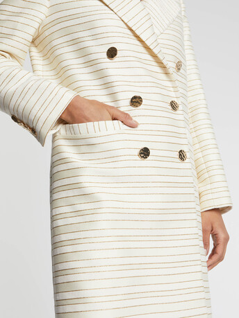 Manteau mi-long à rayures tennis et lurex - Blanc casse / gold