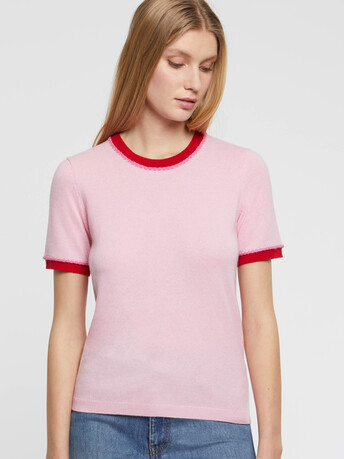 Wool and cashmere short-sleeve sweater - Candy pink/ hibiscus