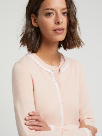 Cardigan long en laine et cachemire - Poudre / blanc casse