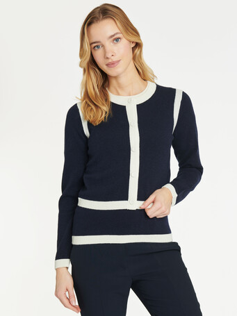 Cardigan court en laine et cachemire - Marine / blanc casse
