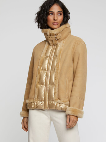 Shearling-trimmed leather jacket - Sand