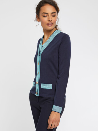 Cardigan en soie à boutons bijou - Marine/ menthe