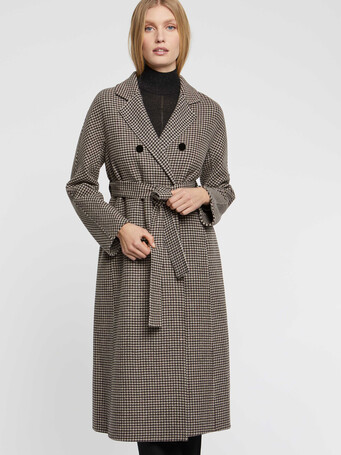 Manteau long à motifs pied-de-poule en laine - Ecorce / grege