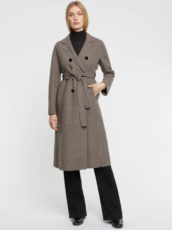 Manteau long à motifs pied-de-poule en laine - Ecorce / grege