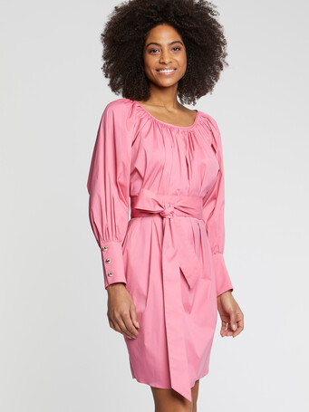 Short cotton-poplin dress with bows - Pink