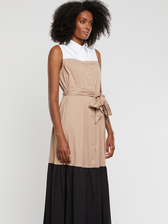 Robe chemise longue sans manche en popeline de coton - Beige / noir