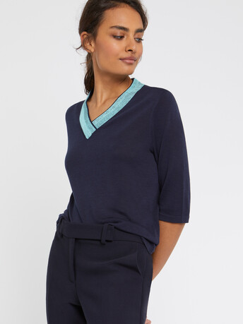 Short-sleeve silk and cotton sweater - Marine/ menthe