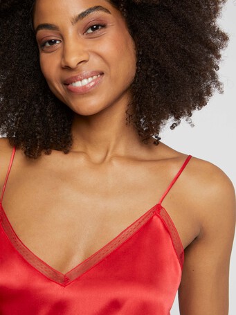 Caraco en satin de soie et dentelle - Vermillon