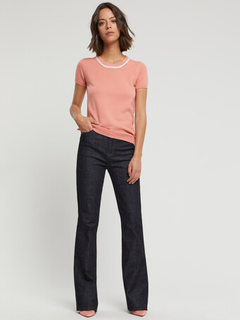 Pull en merinos - Eau de rose / blanc casse