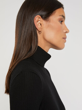 Pull côtelé à col roulé en laine mérinos - Noir