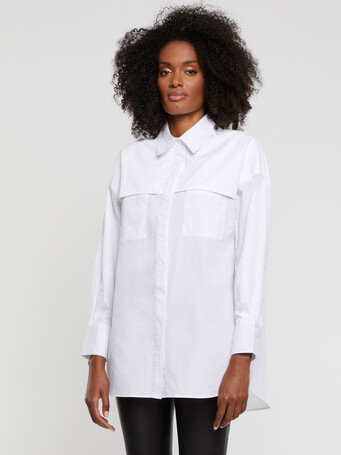 Large cotton-poplin shirt with pockets - White