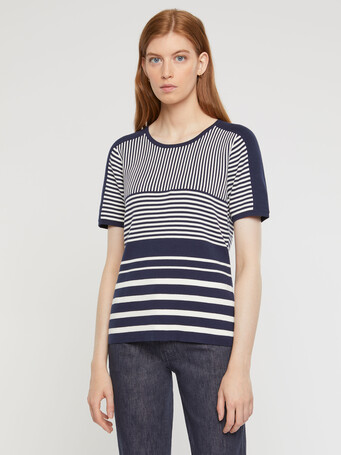 Short-sleeve striped cotton sweater - Blanc casse / marine