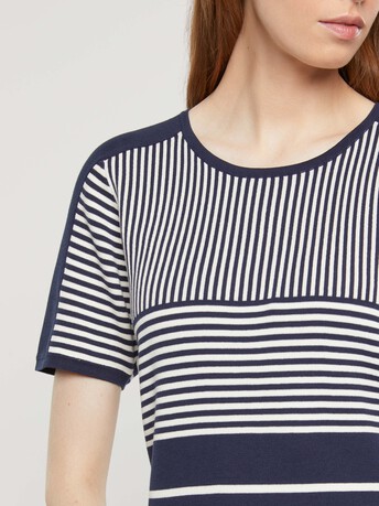 Pull manches courtes en coton rayé - Blanc casse / marine