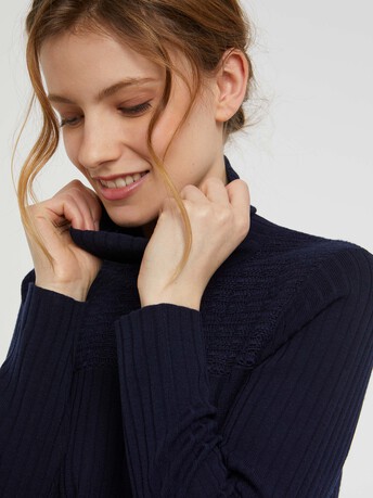 Pull col roulé en laine en maille côtelée - Marine