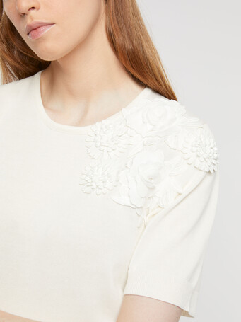 Short-sleeve cotton sweater with flower embroidery - Off white