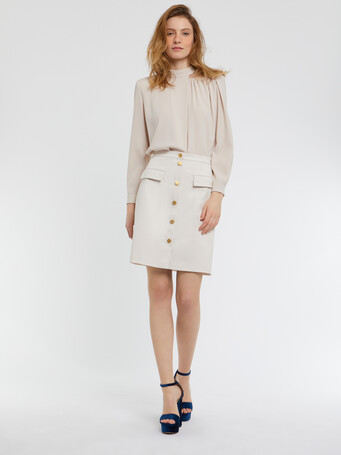 Mini-jupe boutonnée en satin de coton stretch - Ivoire
