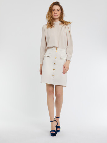 Mini-jupe boutonnée en satin de coton stretch - Ivoire