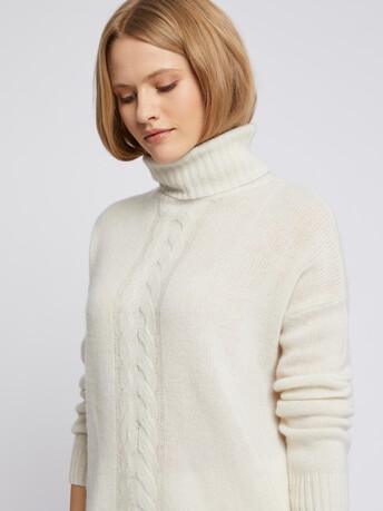 Pull torsade à col roulé en cachemire - Blanc casse