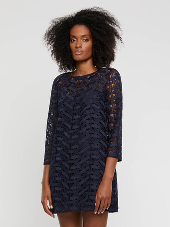 Robe courte droite en guipure - Marine