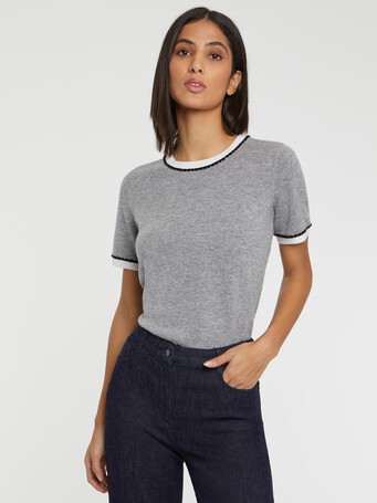 Pull manches courtes en laine et cachemire - Gris / blanc casse