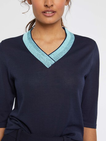 Pull col V à chevrons - Marine/ menthe