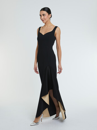 Robe longue en crêpe envers satin - Noir/nougat