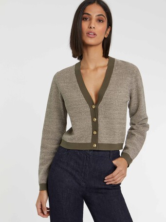 Cardigan à bouton bijou en tweed - Kaki