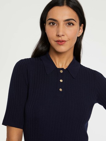 Pull polo en laine en maille côtelée - Marine