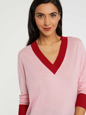 Pull col V en laine mérinos - Candy pink/ hibiscus