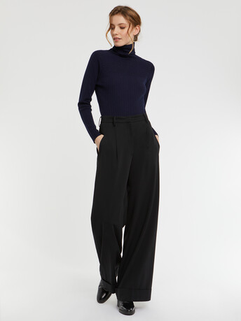 Pull col roulé en laine en maille côtelée - Marine
