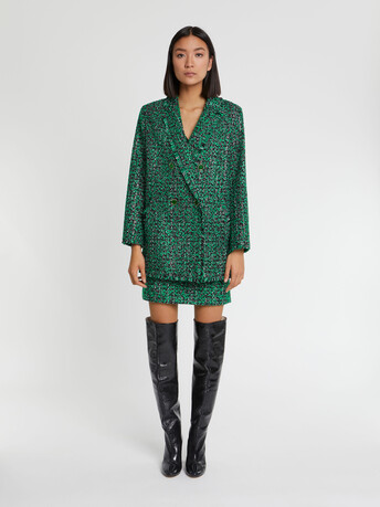 Veste longue en tweed bicolore - Noir / emeraude