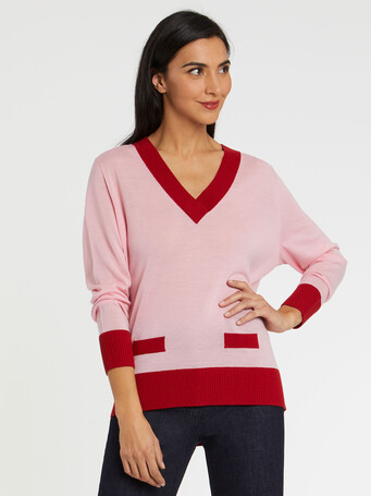 Pull col V en laine mérinos - Candy pink/ hibiscus