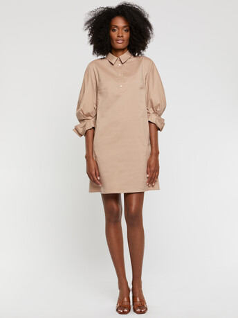 Robe courte à col tunisien en popeline de coton - Beige