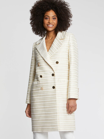 Manteau mi-long à rayures tennis et lurex - Blanc casse / gold