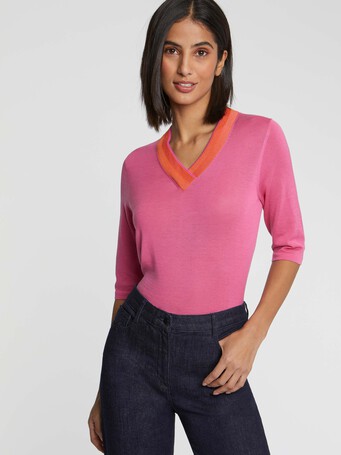 Short-sleeve silk and cotton sweater - Bubble gum/ mandarine