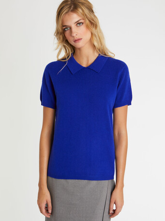 Pull polo manches courtes en cachemire - Saphir