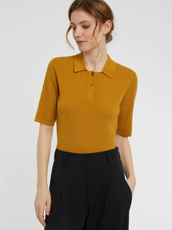 Pull polo en laine en maille côtelée - Ocre