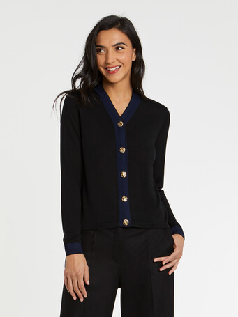 Cardigan en soie à boutons bijou - Noir / marine