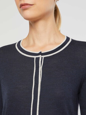 Cardigan passepoilé en laine mérinos - Marine / stone