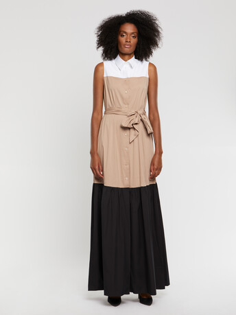 Robe chemise longue sans manche en popeline de coton - Beige / noir