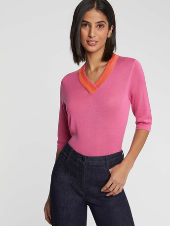 Pull col V à chevrons - Bubble gum/ mandarine