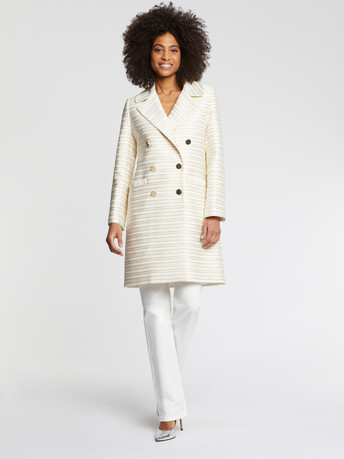 Manteau mi-long à rayures tennis et lurex - Blanc casse / gold