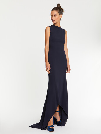 Satin-back crepe open-back evening gown - Navy blue