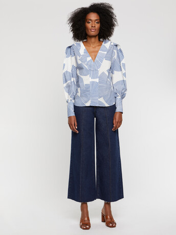Blouse à fleurs en popeline de coton - Blanc / ciel