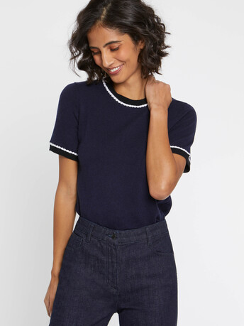 Wool and cashmere short-sleeve sweater - Marine / noir