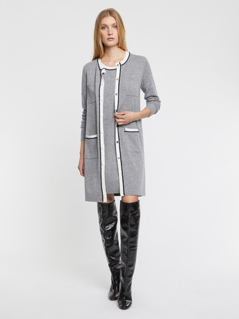 Cardigan long en laine et cachemire - Gris / blanc casse