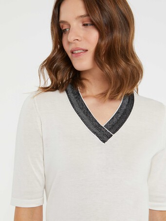 Short-sleeve silk and cotton sweater - Off white / black