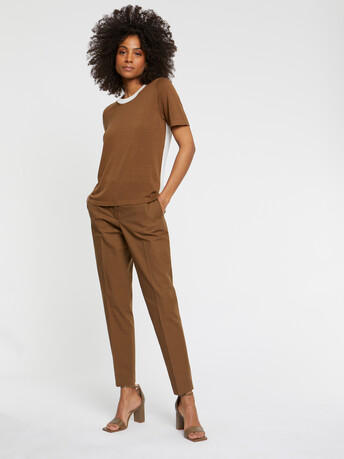 Pull manches courtes en soie et coton - Havane/ ivoire