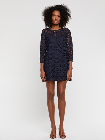 Robe courte droite en guipure - Marine